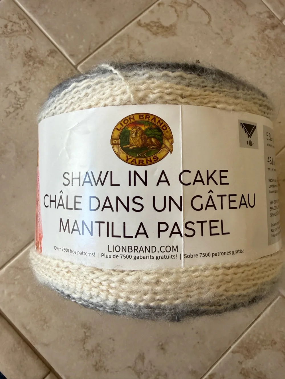 Lion Brand Shawl In A Cake Mantilla Pastel Yarn - Cream & Gray - Feng Shui Grey